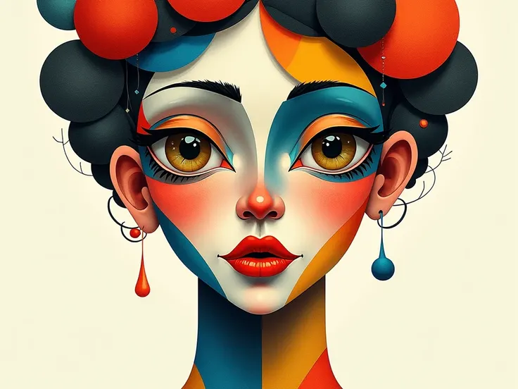 A visually stunning, conceptual illustration of a cubist female face, drawn with exceptional precision. The face, made up of geometric shapes, is a vibrant mix of colors and patterns, creating a playful and eye-catching design. Her expressive eyes are deta...