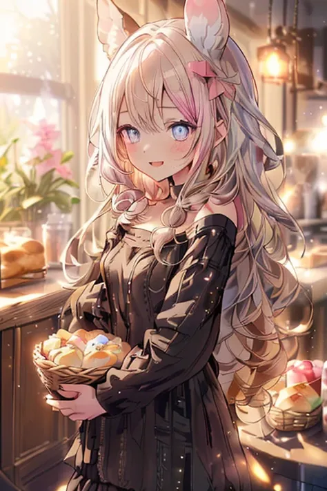 (from below:1.1),(perky chest:1.2), (pointed chest:1.2),(((Black Tunic:1.3))),(((breadcakes in the qute basket),Cute and beautiful, a 17yo girl, long hair, seductive cleavage:1.3, blonde hair, looking at viewer, ( off-shoulder dress, sweater dress), have a...