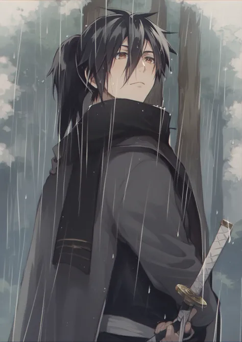 Anime character in the rain with a sword in his hand,  Aragorn in an anime world , okata kazuto, Kirito, Itachi Uchiha, sasuke uchiha, Itachi Uchiha, itachi, Ikuto Yamashita, By Jin Homura, inspired by Yamagata Hiro, de kenshin, carrying swords on their ba...