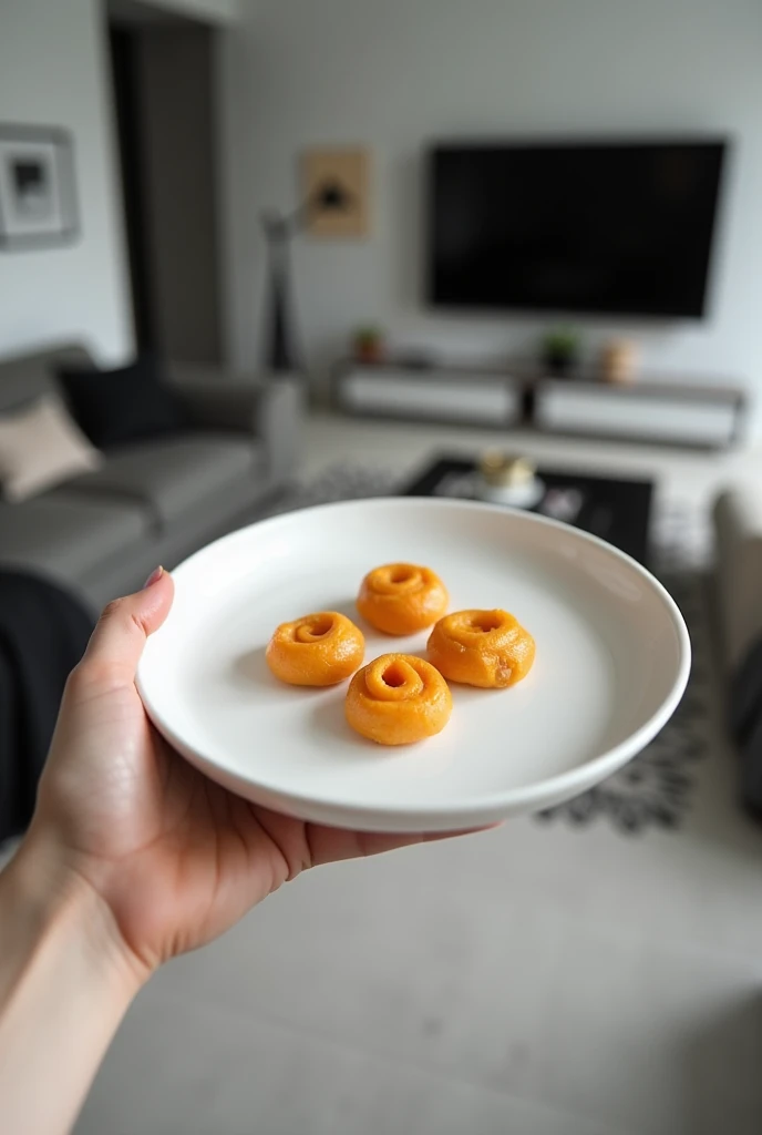 first person photo.  Female hand holding a minimalist white plate , contains several cheese rolls .  The interior is a minimalist apartment room in black and white