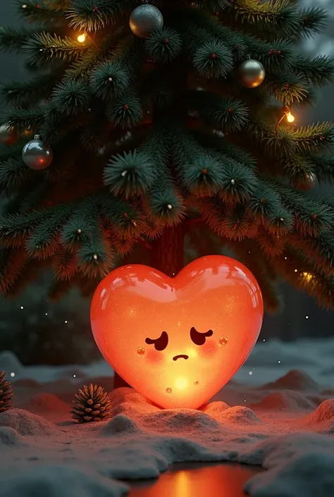 Generate the image of a crying and sad heart that is animated,  under a realistic Christmas tree for a song 