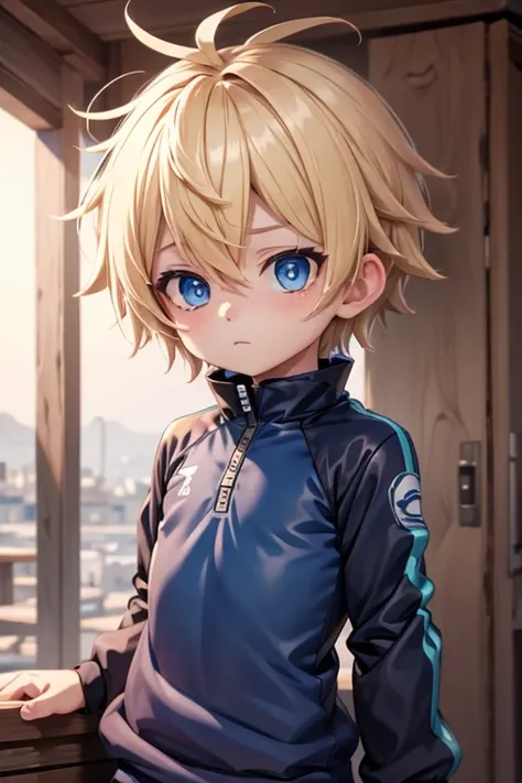 Cute shota boy facial expressions messy hairstyle detailed body clothes blue eyes anxiety aperture best quality beautiful background 