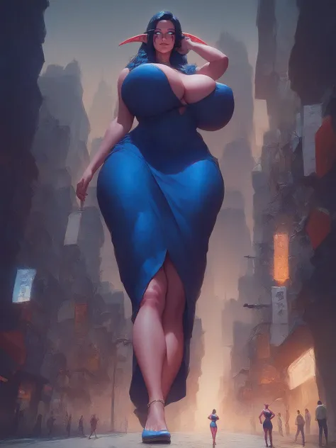 score_8_up, score_7_up, beautiful night elf looking towards viewer, light smile, full body, dark blue hair, purple skin, ornate light blue dress, giantess, huge breast, wide hips, long legs, outside, city street, masterpiece, best quality