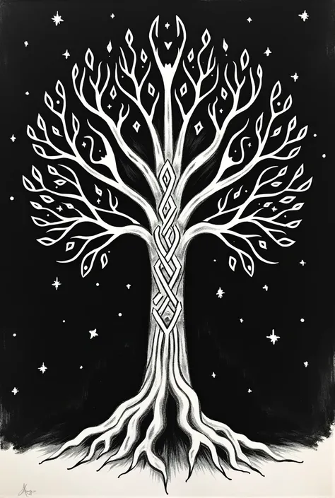 Dessin tribal monochrome Arbre de vie avec constellation poisson