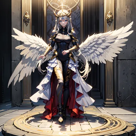 (((masterpiece, best quality, high detailed, 16k))) (1girl) A serenely beautiful woman with long silver hair and radiant blue eyes. She wears a gleaming silver and white armor, with large, luminous white wings extending from her back. She holds a golden tr...