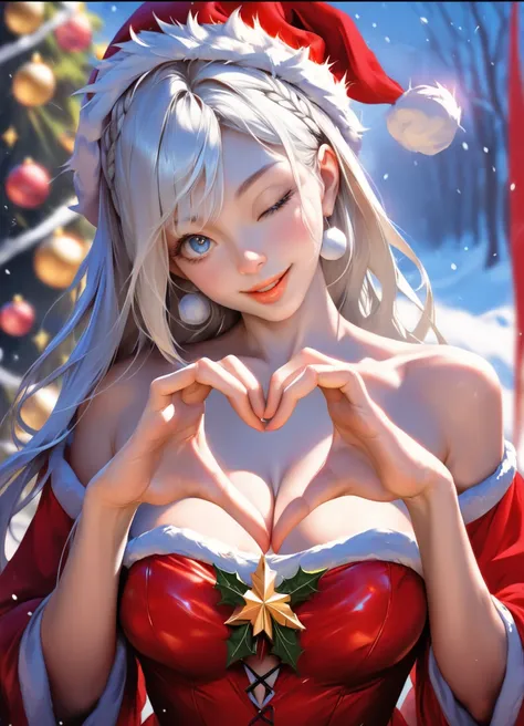 masterpiece, best quality, amazing quality, very aesthetic, high resolution, ultra-detailed, absurdres, newest, scenery, christmas, snowing, cinematic light, 1girl, cute, solo, white hair, long hair, blue eyes, looking at viewer, winking, smile, open mouth...