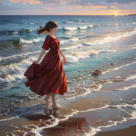  woman in red dress、 strolling on the beach at dusk 、At the Shore、The moment the sun sets、Oil painting style、Van Gogh style、 warm colors and a warm atmosphere 、Elevation angle from a low position 、Third Person Perspective、Center the subject、 with a wide oc...