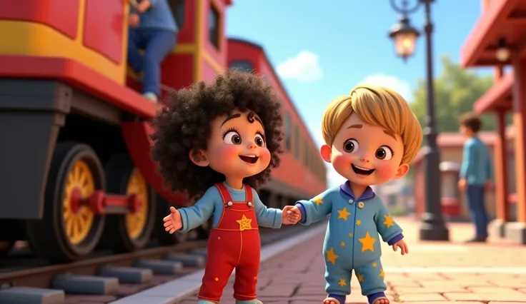 In the style of Disney 3D animation, the colorful train is preparing to depart the station. The babies, one with curly black hair, a girl, wearing a red onesie with yellow star details and a light blue shirt, and the other, a boy, with straight blonde hair...