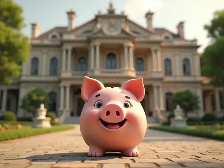 Make a piggy bank out of a pig and behind it theres a mansion