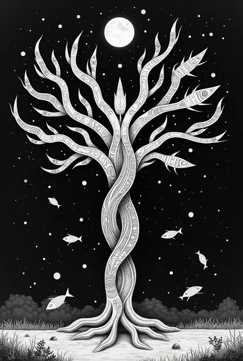 Dessin tribal monochrome Arbre de vie avec constellation poisson