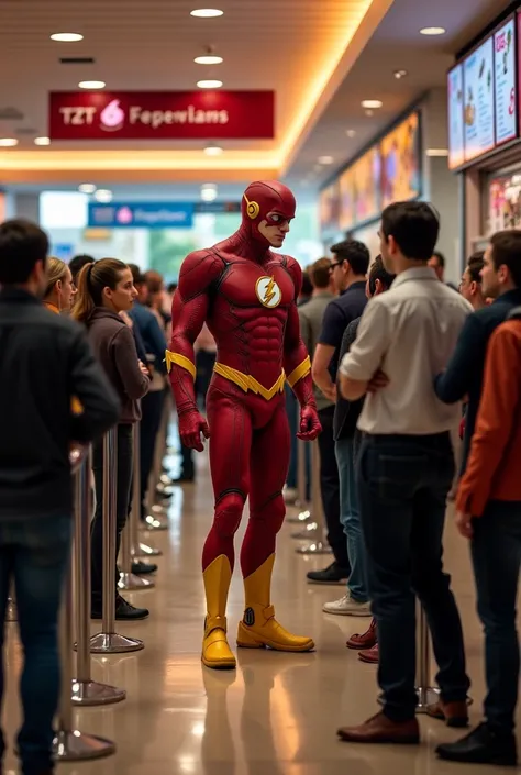 realistic image, the flash is in a mall, he is waiting in a single line, he is behind some people, the line is to buy an ice cream