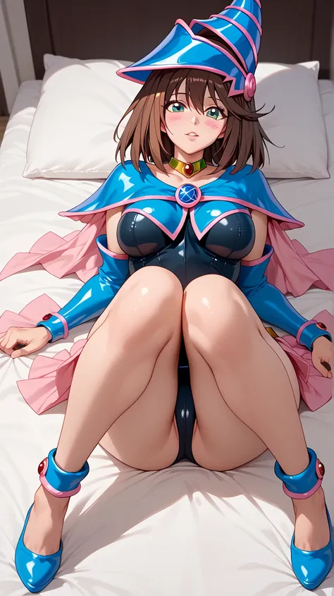                                                
    black full body suit                                                        dark magician girl　costume　 bed　                                      invited position 　 sexy　 showing private parts 　 open thig...