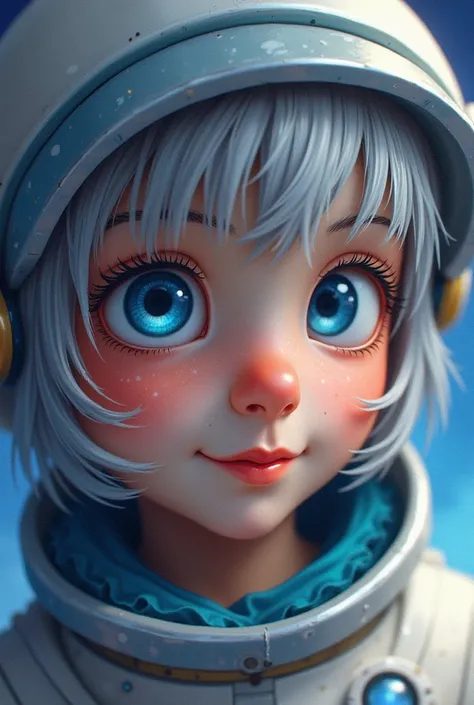 Primer plano de una obra maestra mejorada:1.5)0.9], (Space and astronauts:1.2) ( Messy silver hair:1.1) (heterochromia:  xanthochromia and blue eyes :1.2) (Space helmet:1.0) ( Colored stars in the eyes:1.0) (A radiant glow:1.1) ( thick lips :0.9)