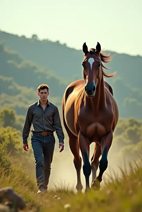 A young man and a stallion walk towards the camera