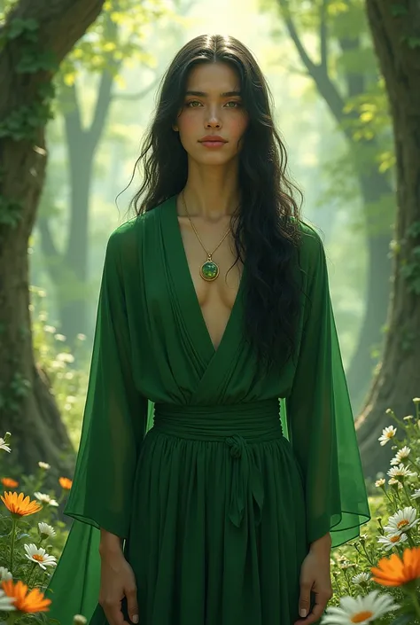 a young man in green robes and black hair really long Her features are feminine . His eyes are emerald green and he has a soft smile on his face . He stands and is surrounded by woods and flowers .