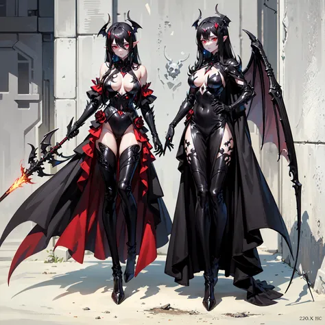 (((masterpiece, best quality, high detailed, 16k))) (1girl) A darkly enchanting woman with long flowing midnight-black hair and glowing red eyes. She wears a sinuous, tight-fitting black and crimson armor adorned with infernal symbols. Bat-like wings exten...