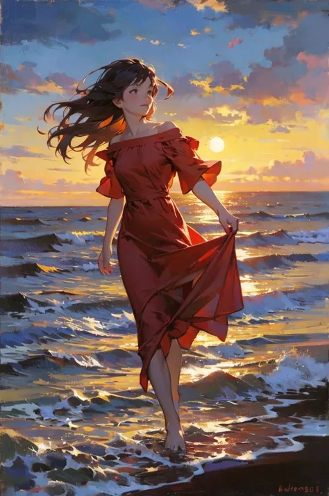  woman in red dress、 strolling on the beach at dusk 、At the Shore、The moment the sun sets、Oil painting style、Van Gogh style、 warm colors and a warm atmosphere 、Elevation angle from a low position 、Third Person Perspective、Center the subject、 with a wide oc...