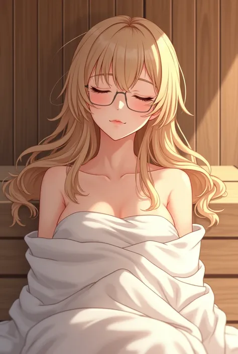 A beautiful anime girl in sauna with blond hair and with an asciugamano, close eyes and glasses