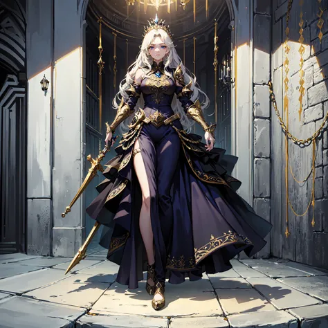 (((masterpiece, best quality, high detailed, 16k))) (1girl) A majestically regal young woman with long, flowing platinum blonde hair and piercing blue eyes. She wears a pristine white and gold armor with a towering crown, holding a large, ornate sword. Her...