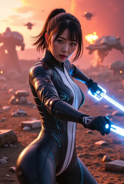 A breathtakingly beautiful Japanese woman in her late 20s, fighting courageously on a futuristic battlefield. She wears a sleek, high-tech combat suit in black and silver, glowing faintly with neon blue circuitry lines that enhance her movements. Her dark ...