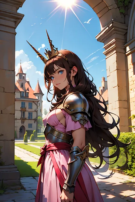 Warrior Queen, Leather armour, in a castle garden, Long Hair,  Blue eyes, crown, sunshine,  brown hair, weilding a sword, pink clothing, pink fairy wings, unicorn horn