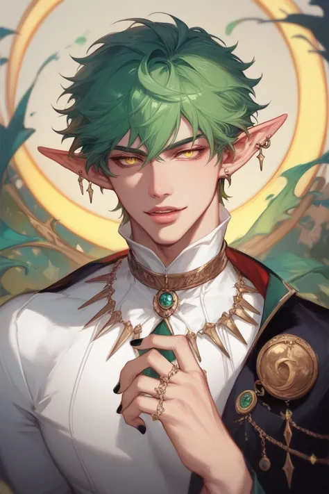 vampire, yellow eyes with black sclerae, green hair and ivory skin. He has black fingernails with many silver rings on his fingers. He has elf ears with a crescent-shaped lobe piercing and an orbital ring, short shoulder-length green hair He has a straight...