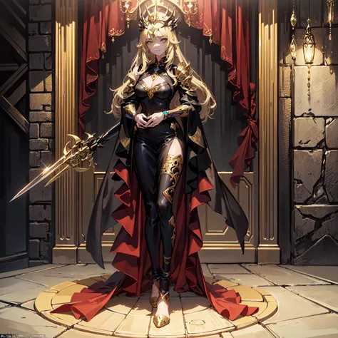 (((masterpiece, best quality, high detailed, 16k))) (1girl) An elegantly ruthless young woman with long sleek blonde hair and glittering amber eyes. She wears a golden armor encrusted with precious jewels, holding a large jeweled dagger. Her gaze is intens...