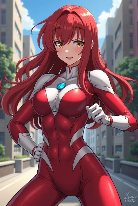 My Hero Academia Style , Anime girl, female, young female ,Full Body Shot,(fighting Pose:1.3),Long hair, Red Hair,  Brown Eyes,Hero Suit, Full Body Suit, red suit with white details,small round blue jewel in the center of the chest, perfect anatomy,  Tough...