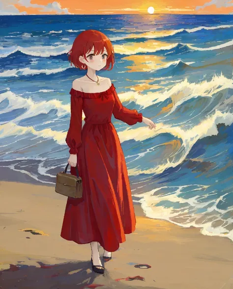  woman in red dress、 strolling on the beach at dusk 、At the Shore、The moment the sun sets、Oil painting style、Van Gogh style、 warm colors and a warm atmosphere 、Elevation angle from a low position 、Third Person Perspective、Center the subject、 with a wide oc...