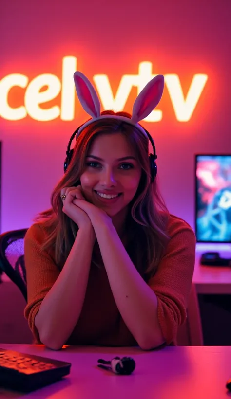 A twitch streamer woman talking to the camera on her streaming setup sitting in a cute neon lit pink streamer room and wearing bunny ears. The orange neon sign in the background reads "CelebTV". 