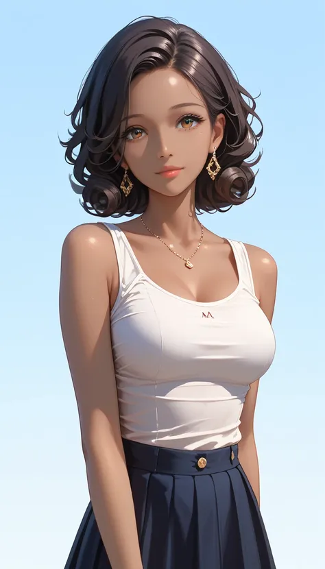 Surrealism, 8k, super detail, UHD, masterpiece, super detail, high details, high quality, best quality, highres, 1080P, HD, perfect anatomy human, anatomically correct, mature girl, 1girl, (solo), cute, sweet, medium breasts, deep v neck tanktop, skirt, ((...