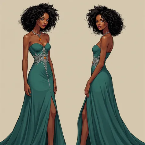 generate in a comic book style an image of a stunning portrayal of Amara, a young black woman with radiant, shoulder-length curly hair and captivating hazel eyes, wearing a breathtaking gown. The scene features Amara in two distinct poses, each showcasing ...