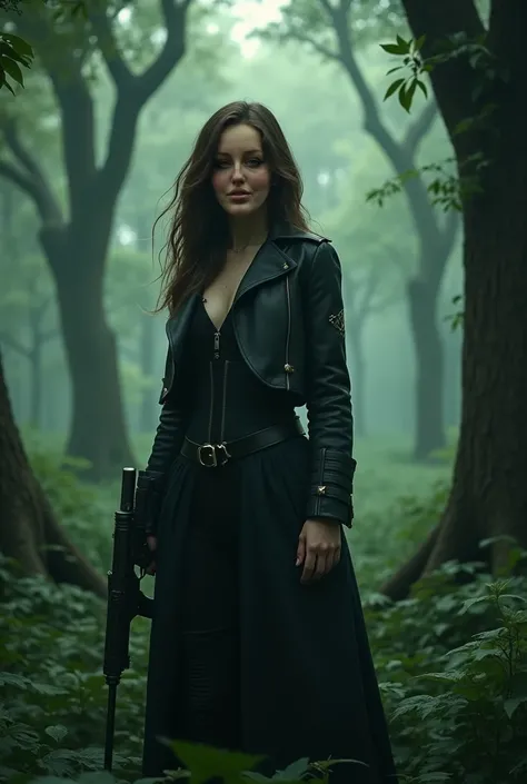 Make this girl in a picture in a forest with a gun next to her 