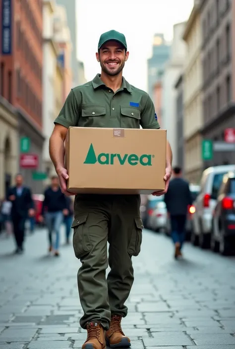 A delivery man takes a box in his hand with a light green ARVEA logo 