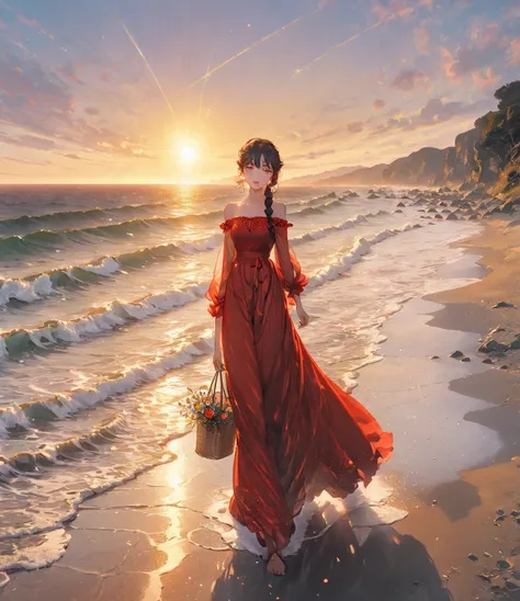  woman in red dress、 strolling on the beach at dusk 、At the Shore、The moment the sun sets、Oil painting style、Van Gogh style、 warm colors and a warm atmosphere 、Elevation angle from a low position 、Third Person Perspective、Center the subject、 with a wide oc...