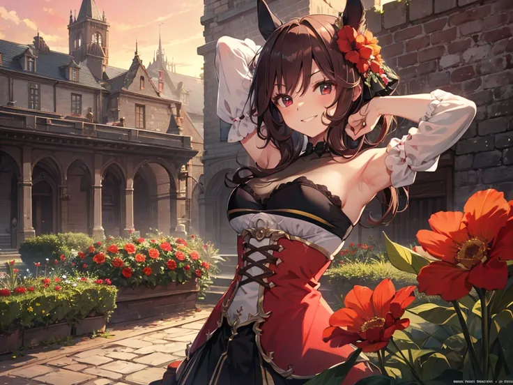 ((Solo)), (For PC Wallpaper), (Staring at chest), Horse ears, Arms crossed to show armpits, Armpit emphasis. Makeup, Smiling showing gums, ((Red flower bed)), (Red sky), Inside the castle walls, Wind blowing, Stereoscopic animation, UHD, Retina, Masterpiec...