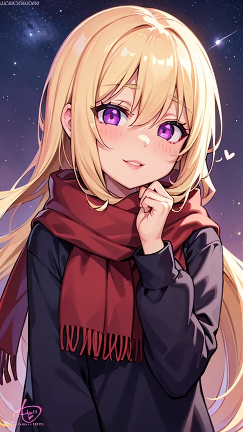 1 Girl,  Ahog,  bangs, blond, Blow a Kiss,  blue eyes, blue scarf, brown scarf, Rift, Shut up, eyelash, Face, Fluttering ,  Hair Between Eyes, Heart, Lips, Lipstick,  long hair,  View audience , cosmetic, night Sky, nose, Close one eye and turn , orange sc...