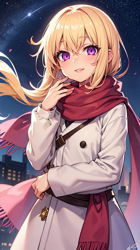 1 Girl,  Ahog,  bangs, blond, Blow a Kiss,  blue eyes, blue scarf, brown scarf, Rift, Shut up, eyelash, Face, Fluttering ,  Hair Between Eyes, Heart, Lips, Lipstick,  long hair,  View audience , cosmetic, night Sky, nose, Close one eye and turn , orange sc...