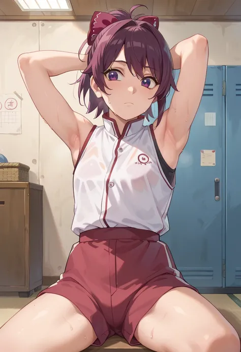  Not suitable for work,  room,axila,armpit wrinkles , arms a stretch ,  Shinobu Kocchio and Mitsuri Kanroji ,  sleeveless summer suit , sweating,  raising her arms ,   open legs without showing any ,  thighs exposed by the heat