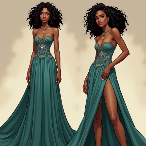 Generate in a comic book style a image of a stunning portrayal of Amara, a young black woman with radiant, shoulder-length curly hair and captivating hazel eyes, wearing a breathtaking gown. The scene features Amara in two distinct poses, each showcasing h...