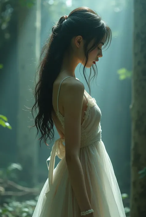 Skinny and slender Korean girl with small waist with scantily clad clothes, backwards.