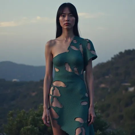  Create visualization of unique clothing design for 2025 .  Draw a womans dress with an adaptable ,  patterns into your design using smart fabrics in Future Dusk , with elements,  shades inspired by natural shapes - for example , waves or leaves . Show me,...