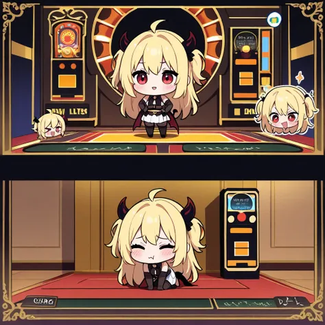  top quality ,masterpiece,chibi character,chibi character,Devil lies face down and cries in front of a huge slot machine