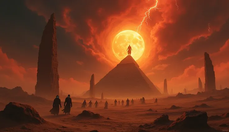 The desert transformed into a desolate wasteland under an eternal storm of sand and ash. Towering pillars of darkness rise from the ground, and the silhouettes of mummies can be seen marching endlessly. The resurrected pharaoh stands atop a crumbled pyrami...