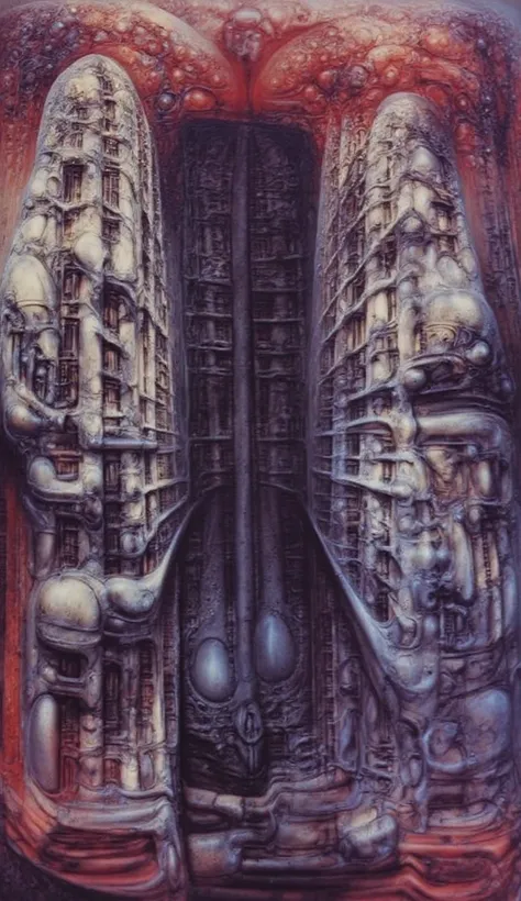 H. R. Gigers g1g3r, , Giger_style, H. R. Gigers g1g3r, , Giger_style, The image is a detailed view of H.R. Gigers " VAULT IV " plate, featuring ( A painting of (biological style scenery), (neoplasticism:liminal void:0.1),a machine inside of a building, die...