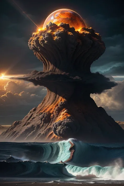 A highly contrasting and dramatic visualization of the Earth suddenly stopping its rotation for one second: depict a cracked Earth with massive tidal waves, buildings collapsing, and the atmosphere swirling chaotically. Use extreme color contrasts, such as...