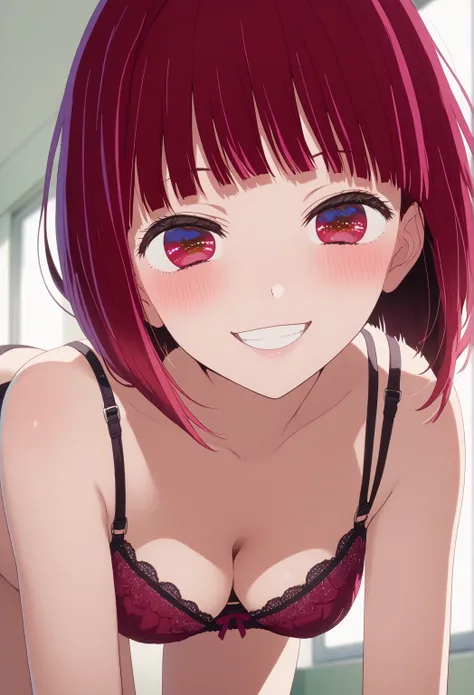 score_9, score_8_up, score_7_up, source_anime, kanaarima, kana arima, short hair, bangs, red eyes, red hair, bob cut,, takeda hiromitsu style, small breasts,                              ,   BREAK   seductive smile, seductive eyes,  black-pink lingerie,bra...