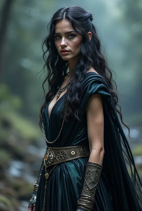 The half-goddess daughter of Kronos has an impressive appearance that reflects both her divine heritage and her connection with time.  Her long, dark hair like night falls in loose waves up to her waist ,  shining with an ethereal touch under light ,  as i...