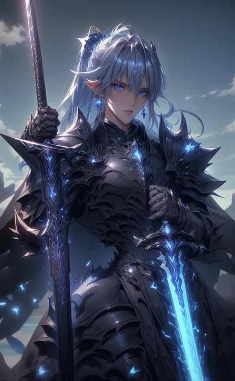  ((4K works ))、medieval masterpiece 、（high quality)、(( high image quality ))、((night light sky)) manly boy))、 strong body with many battle scars on its face、(( black armor ,  with shoulder pads full of thorns , wears a black cape ))、((male armor))、(( Carry...