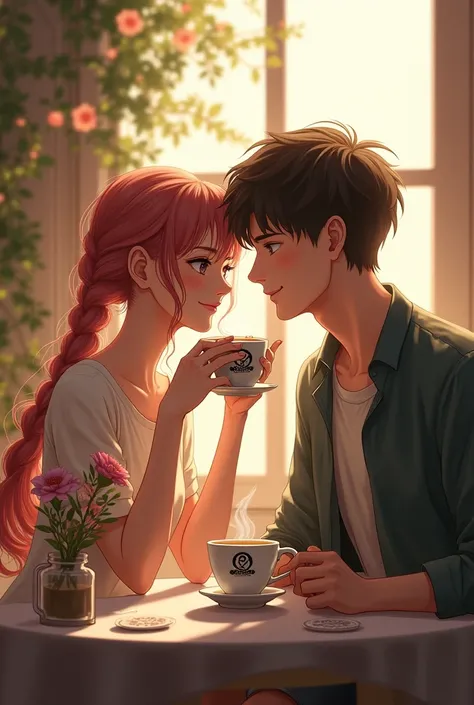 I want a picture of a girl and a 25-year-old boy, long and tied rose hair, drinking hot latte and oromo coffee is written on it